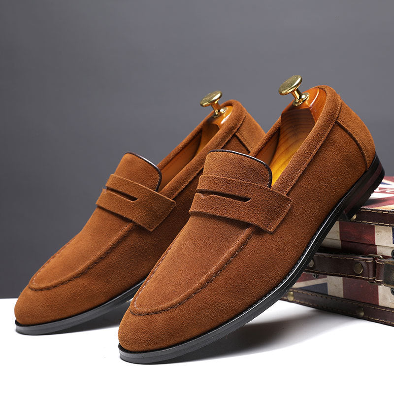 Dark brown men's nubuck slip-on loafers with comfortable leather and durable rubber soles
