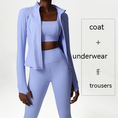 Woman in lavender activewear set with zip-up jacket, sports bra, and high-waisted leggings