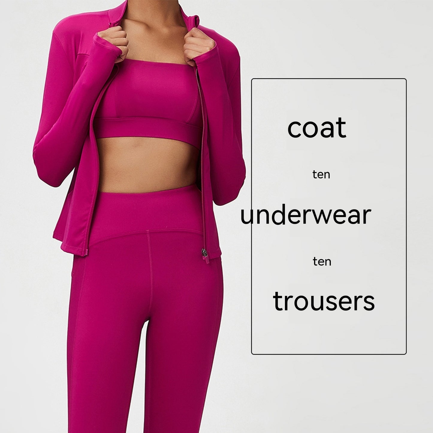 woman wearing a bright magenta three-piece activewear set with zip-up jacket, crop top, and high-waisted leggings