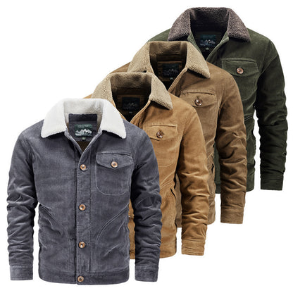 Set of four men's corduroy jackets with button closures and sherpa collars in gray, tan, brown, and green