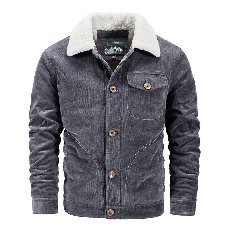 Men's dark grey corduroy jacket with white sherpa collar and button-up front