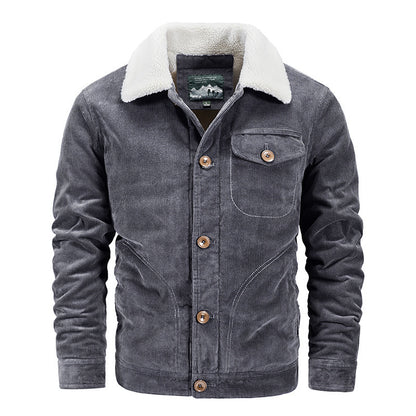 Men's dark grey corduroy jacket with white sherpa collar and button-up front