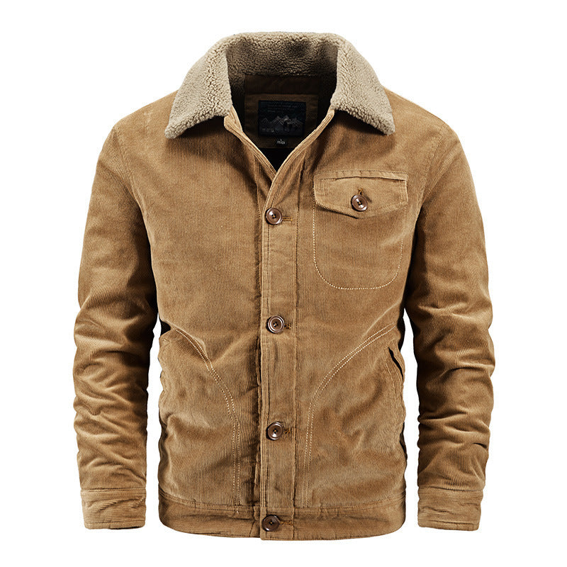men's tan corduroy jacket with button closure and shearling collar on white background