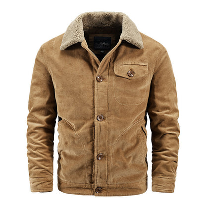men's tan corduroy jacket with button closure and shearling collar on white background