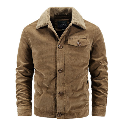 Men's brown corduroy jacket with shearling collar and buttoned chest pocket