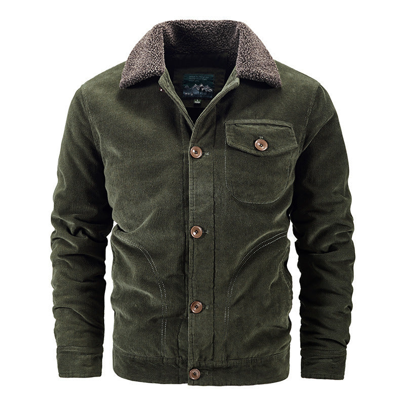 Men's dark green corduroy jacket with brown buttons and fleece collar, insulated warm coat