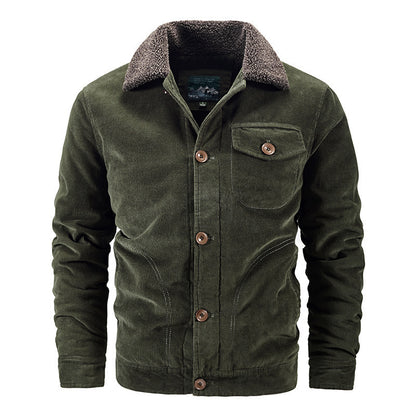 Men's dark green corduroy jacket with brown buttons and fleece collar, insulated warm coat