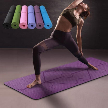 Woman practicing yoga on purple non-slip TPE yoga mat with position lines, stack of colorful rolled mats