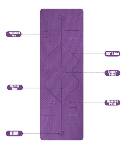 Purple non-slip yoga mat with labeled alignment lines and points for beginner joint support