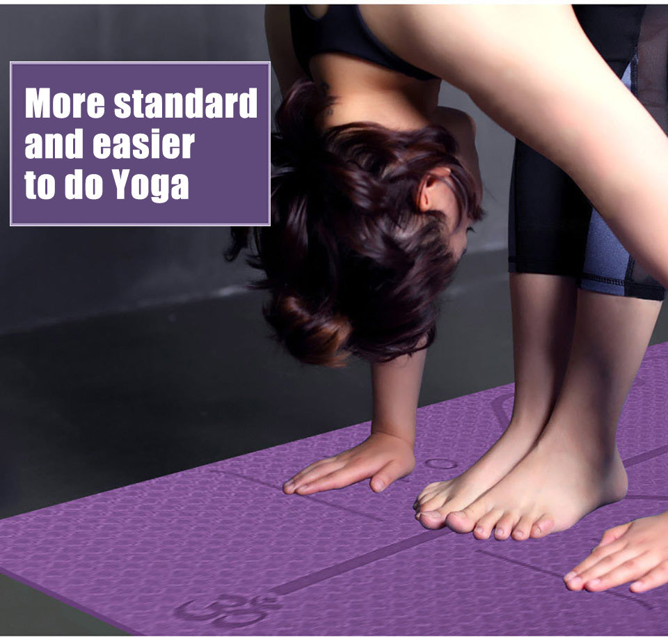 Person practicing yoga on a dark purple non-slip TPE yoga mat with position lines for joint support