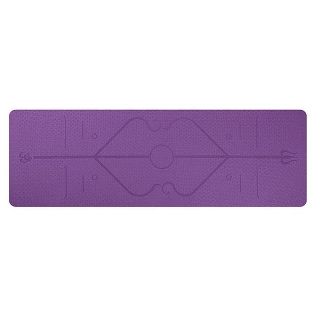 Dark purple non-slip TPE yoga mat with cushioned joint support and positioning lines