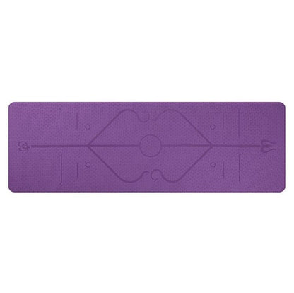 Dark purple non-slip TPE yoga mat with cushioned joint support and positioning lines