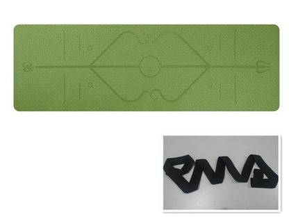 Green yoga mat with alignment lines and joint support markings, plus black yoga strap on white background