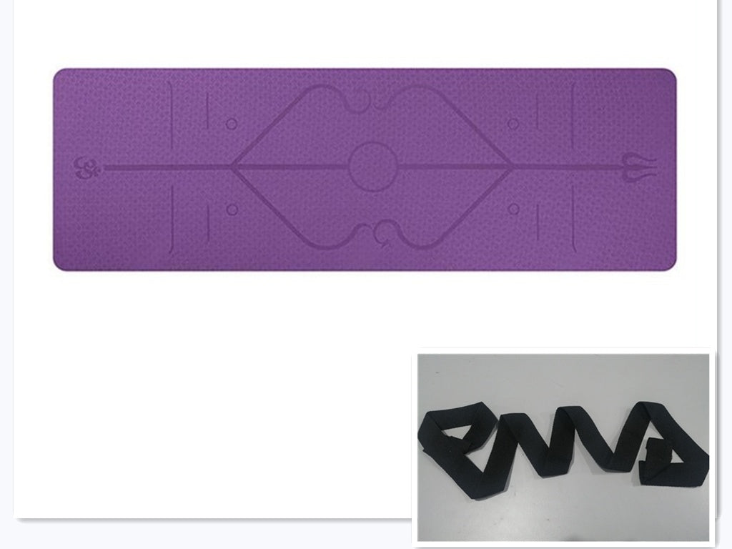Dark purple non-slip yoga mat with position lines and joint support markings on white background