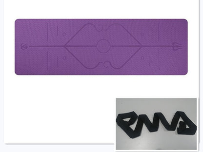 Dark purple non-slip yoga mat with position lines and joint support markings on white background