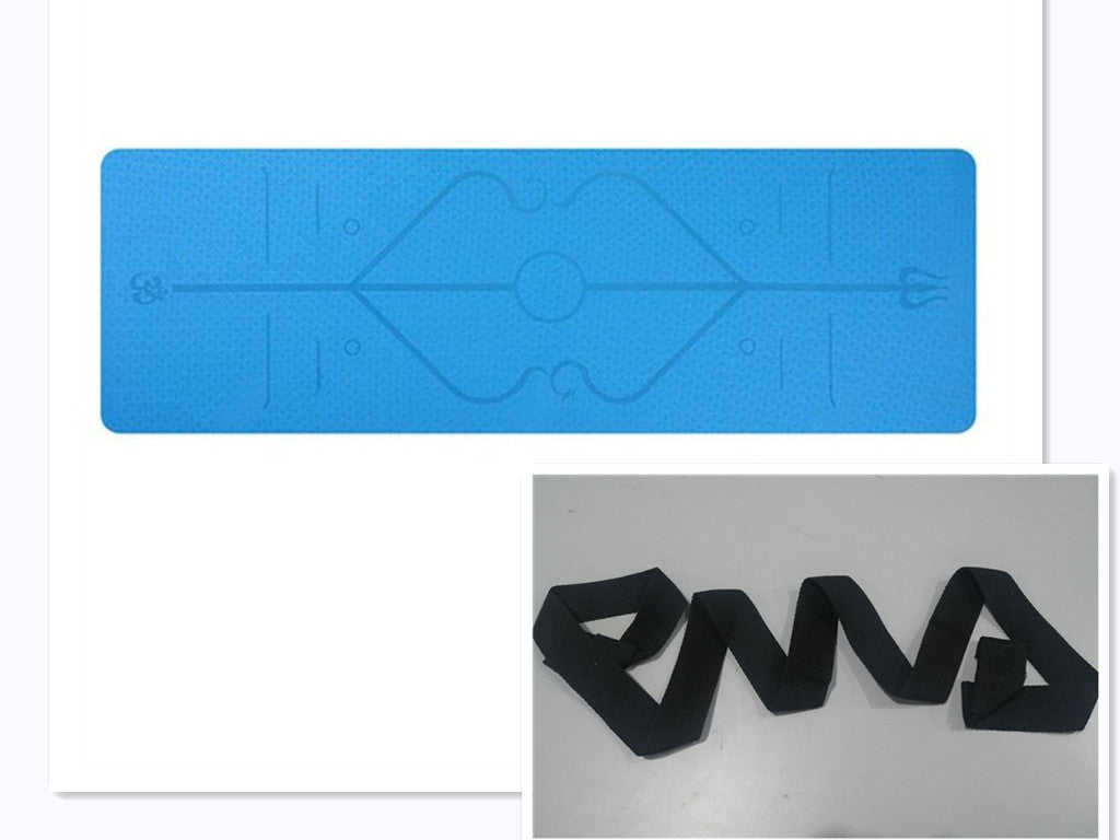 Blue non-slip yoga mat with position lines and joint support on white background