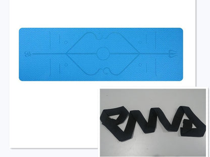 Blue non-slip yoga mat with position lines and joint support on white background