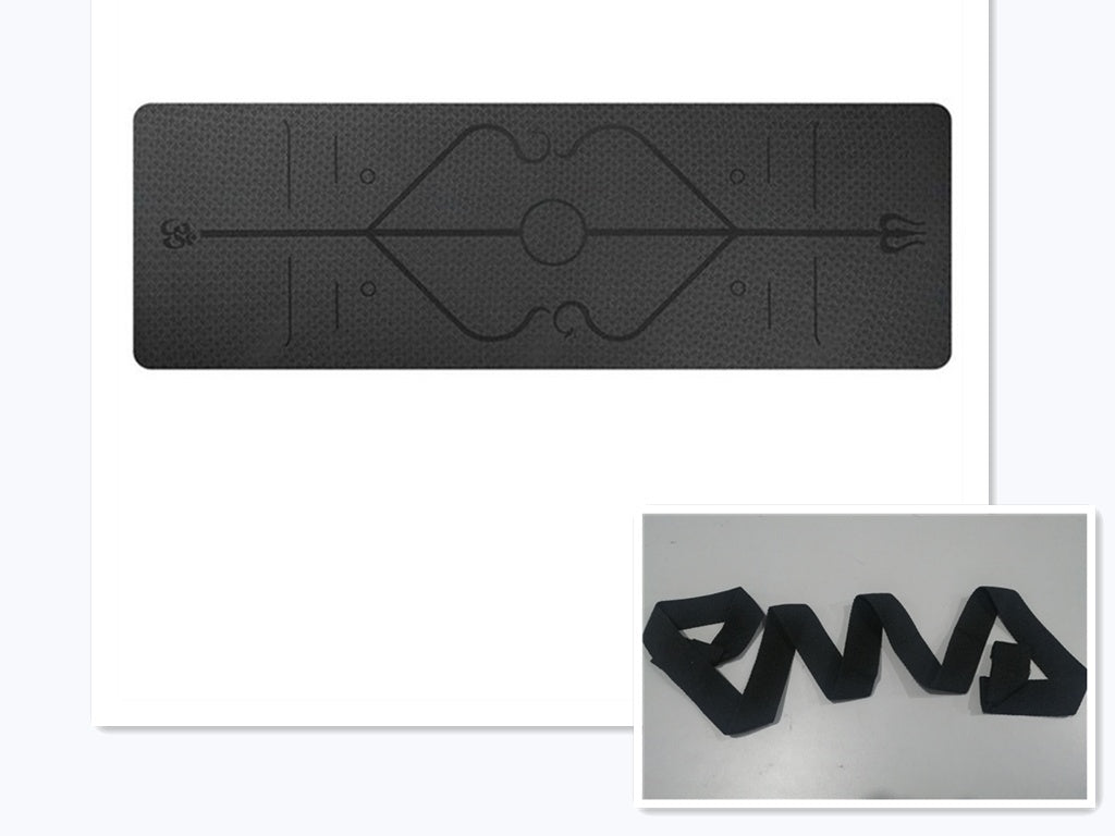 Black non-slip yoga mat with textured surface and alignment lines for joint support