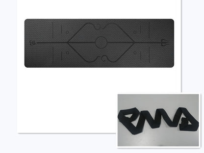 Black non-slip yoga mat with textured surface and alignment lines for joint support