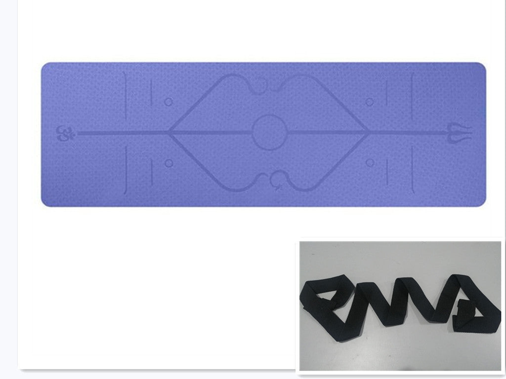 Dark purple non-slip TPE yoga mat with position lines and joint support design