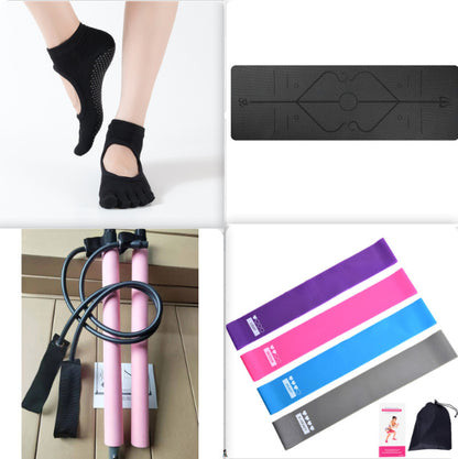 Dark purple non-slip TPE yoga mat with position lines and joint support features