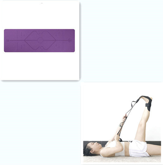 Dark purple TPE non-slip yoga mat with position lines for joint support on white background