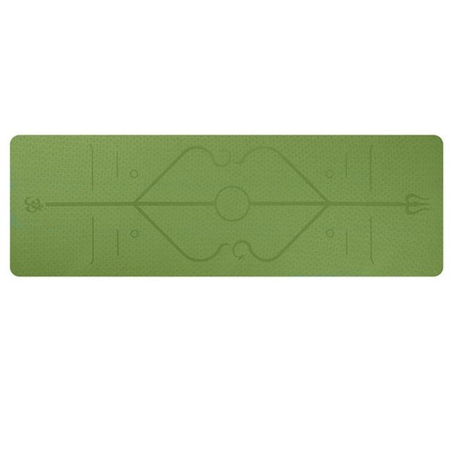 Green non-slip yoga mat with TPE cushion and alignment position lines for joint support