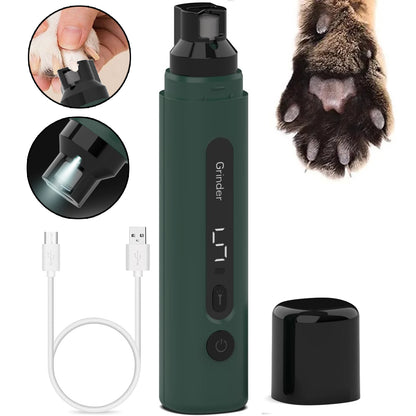 Deep green rechargeable pet nail grinder with LED light, USB cable, cap, and dog paw