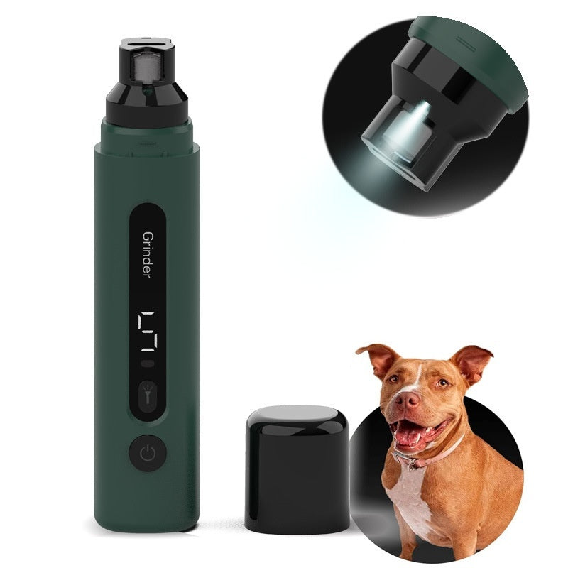 Deep green rechargeable pet nail grinder with quiet motor and LED light, shown with black cap and happy brown dog