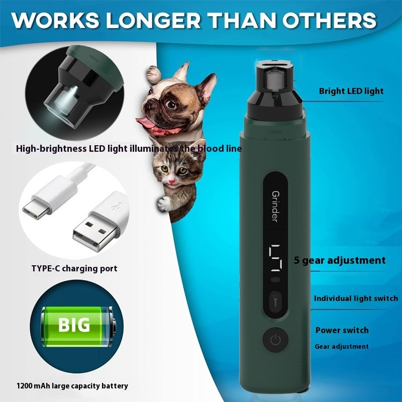 Deep green rechargeable dog nail grinder with bright LED light, 5 gear adjustment, and USB Type-C charging