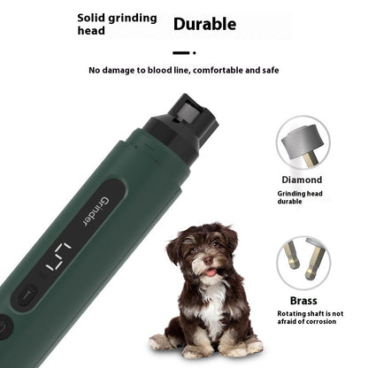 Deep green rechargeable pet nail grinder with diamond head and cute brown puppy