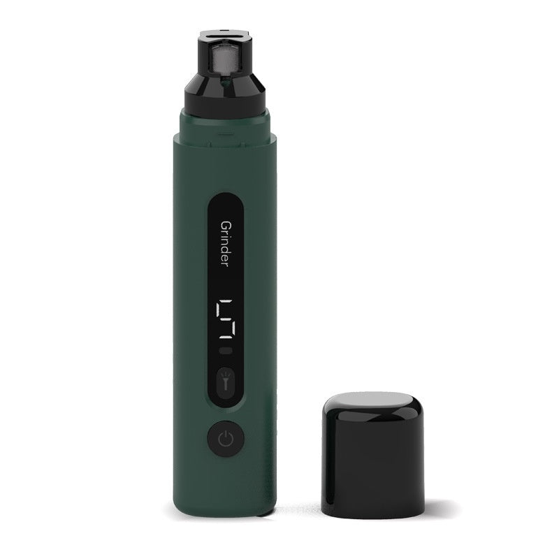Deep green rechargeable pet nail grinder with digital display, power button, and black cap removed