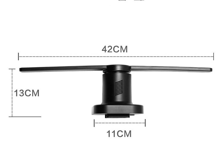 3D holographic projector fan with dimensions 42cm width, 13cm height, and 11cm base.