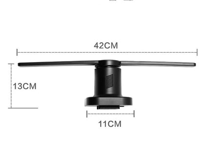 3D holographic projector fan with dimensions 42cm width, 13cm height, and 11cm base.