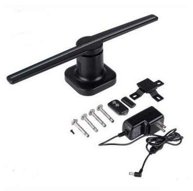 Black 3D holographic projector fan with remote, mounting brackets, screws, and power adapter on white background