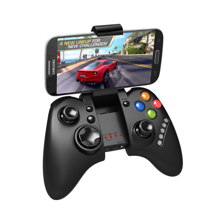 Black iPega PG-9021 Bluetooth game controller holding Samsung phone with racing game on screen