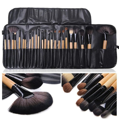 24-piece professional makeup brush set with wooden handles in black leather case