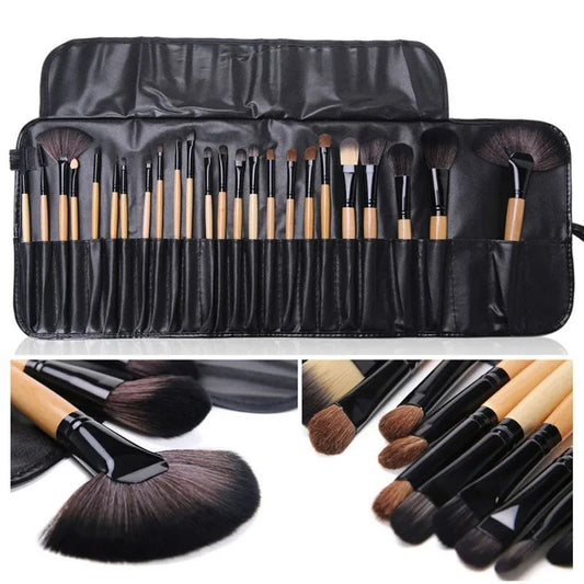 24-piece professional makeup brush set with wooden handles in black leather case