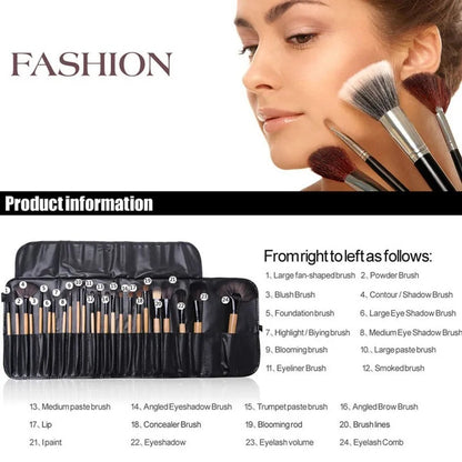 24-piece professional makeup brush set with wooden handles in black foldable PU leather case