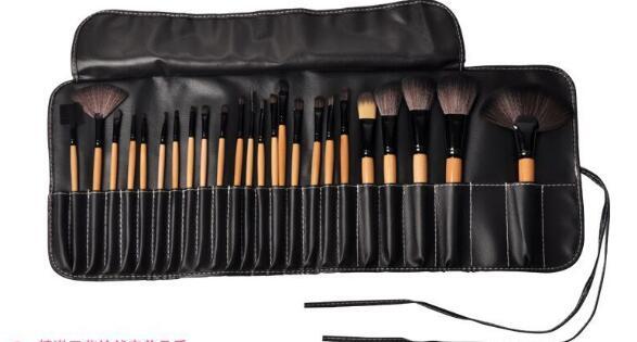 24-piece professional makeup brush set with wooden handles in black PU leather case