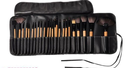 24-piece professional makeup brush set with wooden handles in black PU leather case