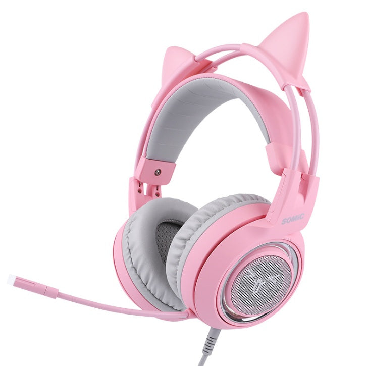 Pink cat ear gaming headset with padded ear cups and adjustable microphone