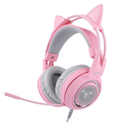 Pink cat ear gaming headset with padded ear cups and adjustable microphone