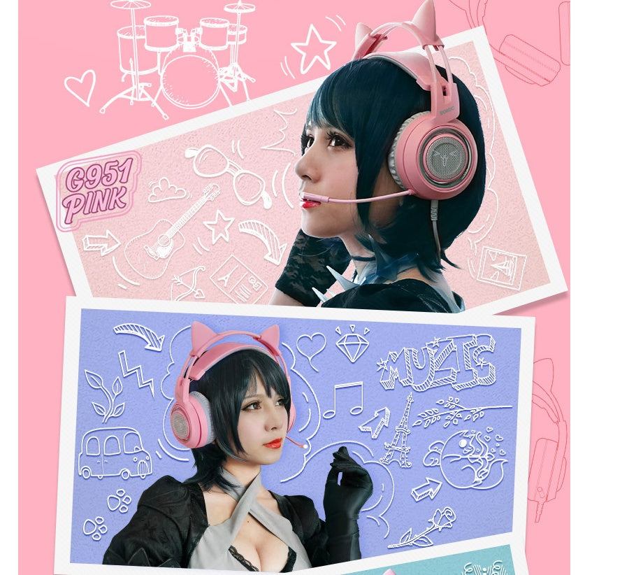 Woman wearing pink cat ear gaming headset G951 with microphone, colorful doodle backgrounds