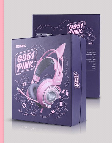 Pink Somic G951 gaming headset with cat ears on purple packaging, featuring 7.1 surround sound