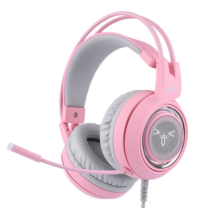 Pink SOMIC gaming headset with cat ear design, gray cushioned ear pads, USB cable, and microphone
