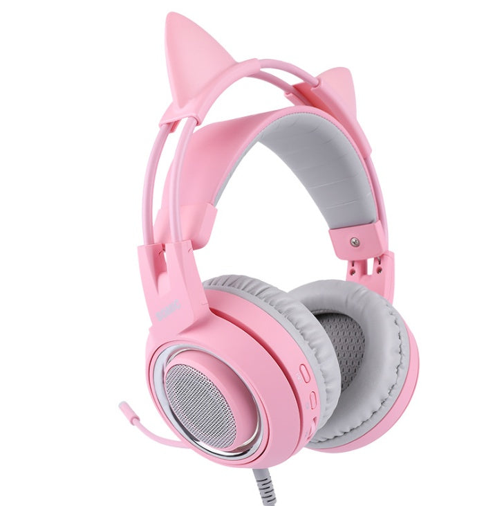 Pink cat ear gaming headset with gray cushioned ear pads and built-in microphone