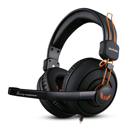 OVANN X7 Pro black and orange gaming headset with mic and padded ear cups on white background