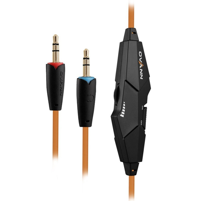 Orange wired gaming headset cable with black in-line volume control and two gold audio jacks