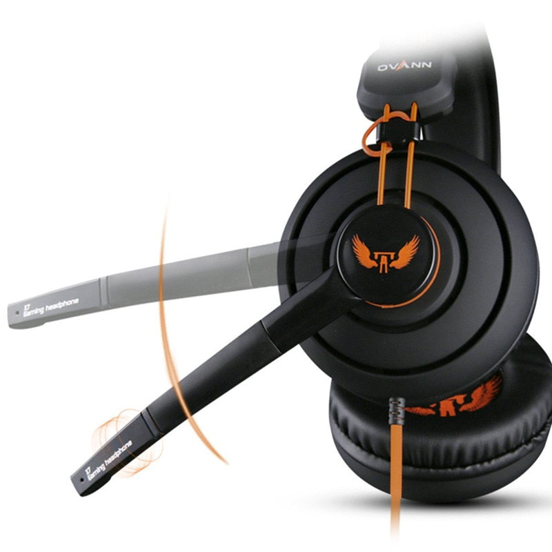 OVANN black gaming headset with orange accents and foldable microphone boom